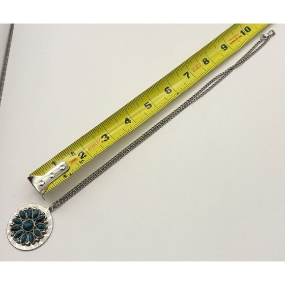 Faux Turquoise Floral Pendant Necklace Silver Tone Flower Power Southwestern - Picture 4 of 6